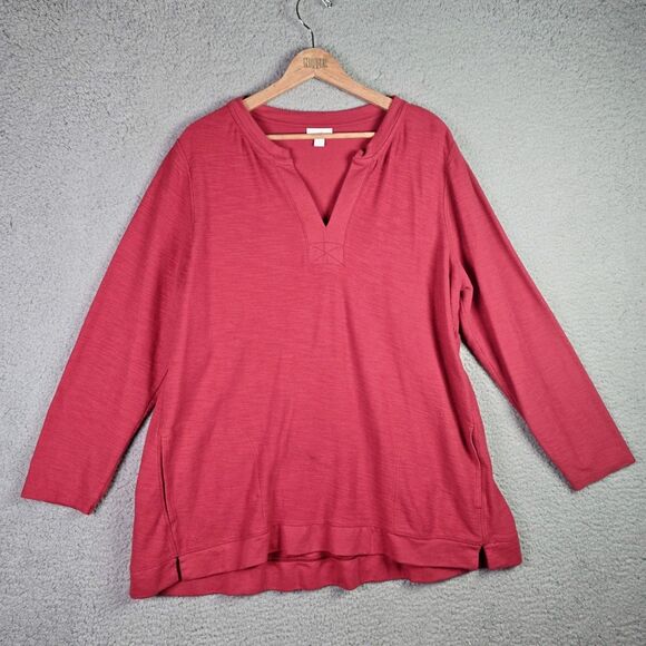 J Jill Tunic 3X Red Cotton Blend V Neck Soft Relaxed Long Sleeve Oversized Fall - Picture 1 of 11